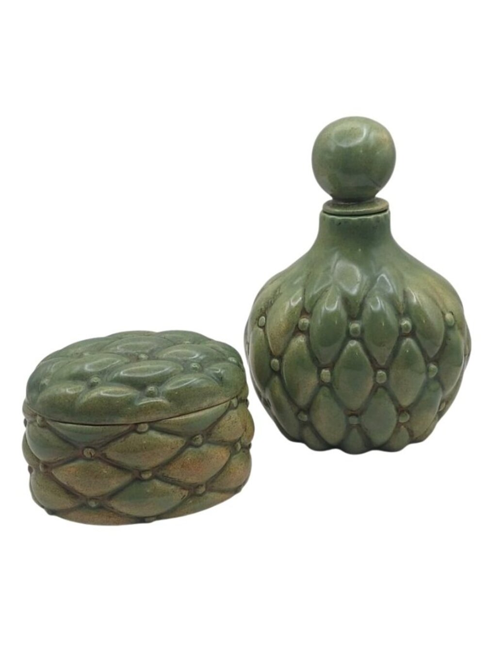 Vintage Holland Mold Ceramic Quilted Green Decanter & Oval Trinket Box Set MCM